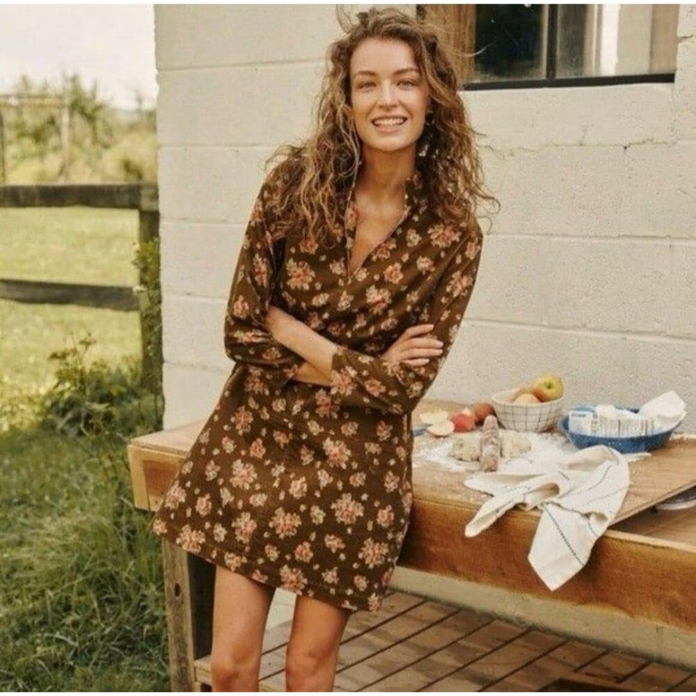 Tuckernuck Brown Floral Corduroy Button Front Mini Dress Size L